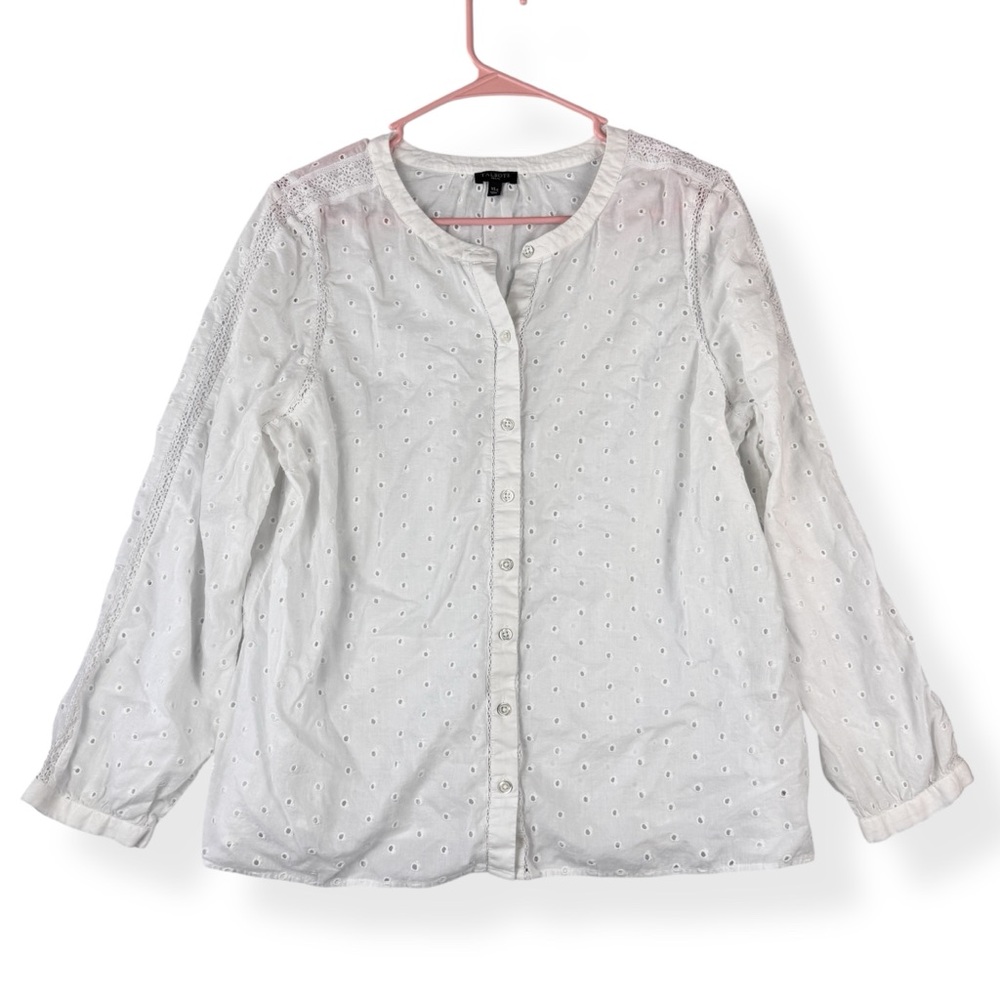 TALBOTS Eyelet Button Front Top With Lace Detail Womens XLP Petite White